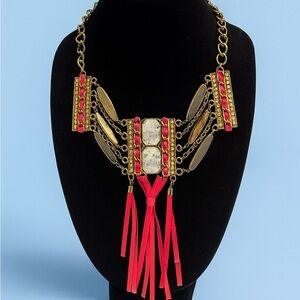 Vintage Boho Statement Necklace • Pink Gemstone Tassel Necklace  Festival Gift